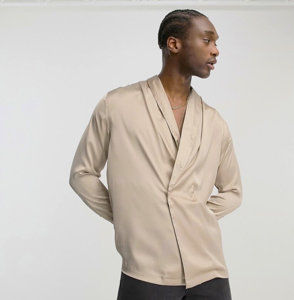 ASOS Design Satin Double Breasted Shirt Mens Size 4XL Taupe Shawl Neck Going Out